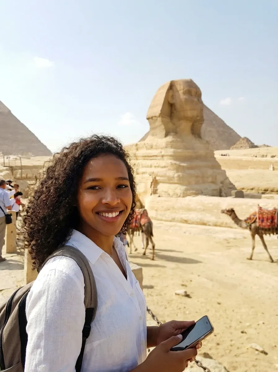 Original selfie input — smiling woman in a white top near the Sphinx